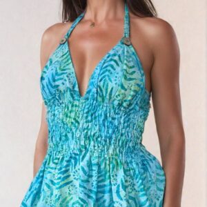 Ruched Cotton Dress with elastic waist and Halter Neck style on Hand painted Batik Cotton Tropical Print
