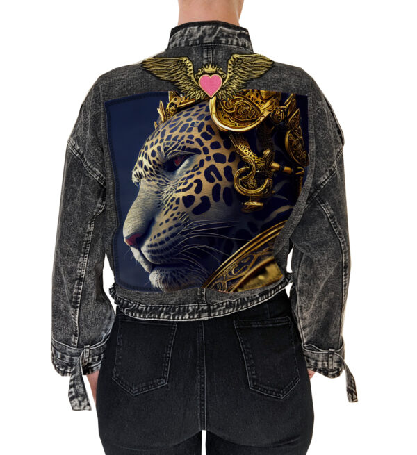 Black Oversized Denim Jacket with Gold Leopard Art