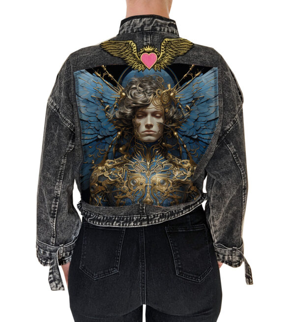 Black Oversized Denim Jacket with Futuristic Angel Artwork