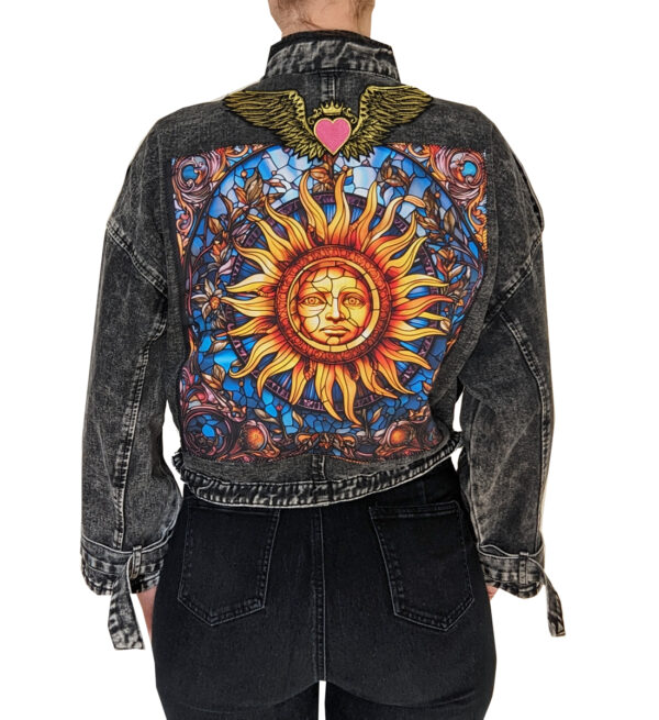 Black Oversized Denim Jacket with Sunshine Artwork