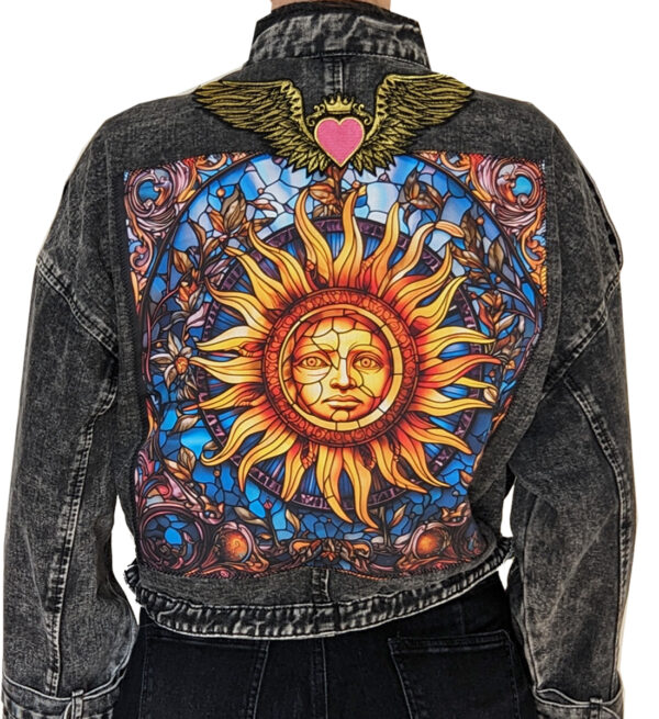 Black Oversized Denim Jacket with Sunshine Artwork - Image 3
