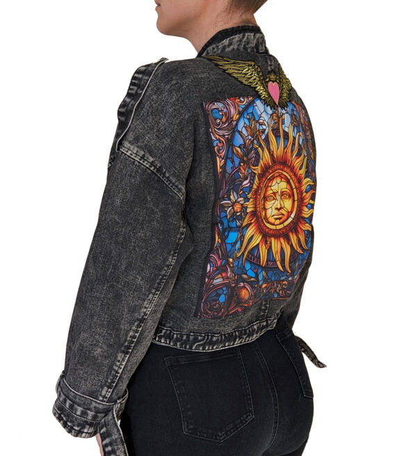 Black Oversized Denim Jacket with Sunshine Artwork - Image 2
