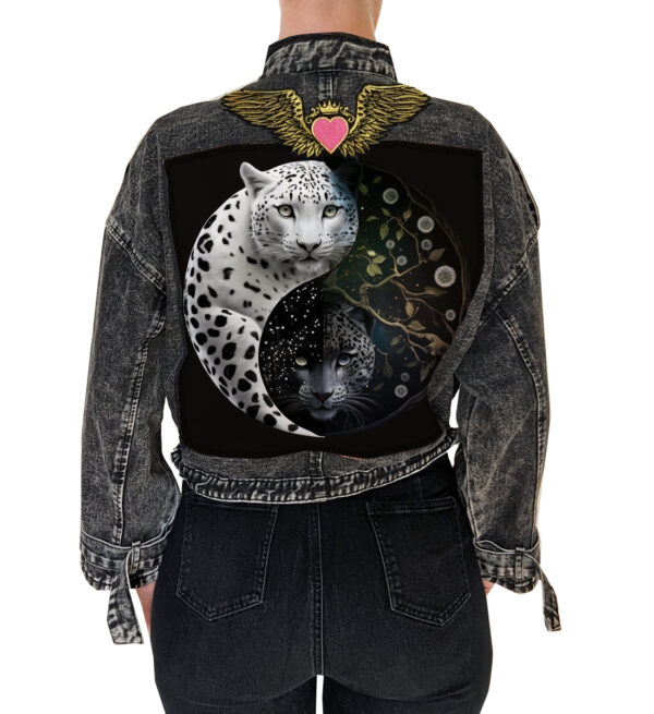 Black Oversized Denim Jacket with Yin & Yang Leopard Design