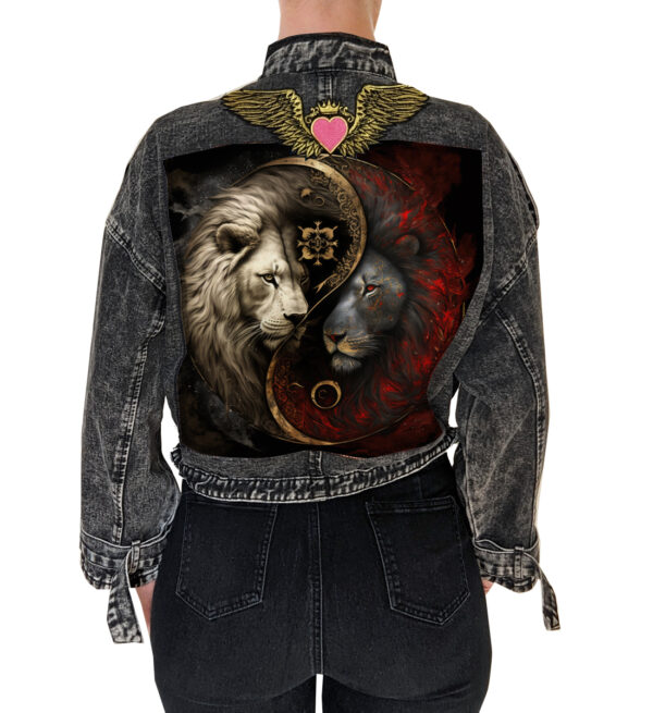 Black Oversized Denim Jacket with Yin Yang Lion Artwork