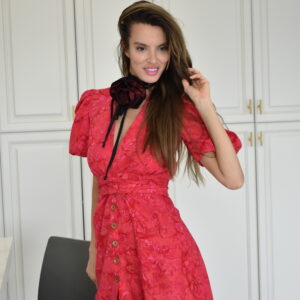 Red Cotton Dress with short puffy sleeves and front wrap bow tie. Red Midi dress with button down