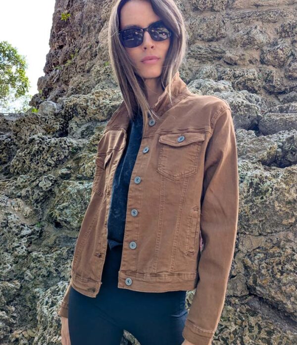 Brown Denim Jacket with Wake Me Up when I'm Rich Artwork - Image 2