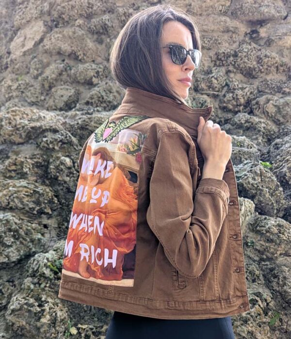 Brown Denim Jacket with Wake Me Up when I'm Rich Artwork - Image 3