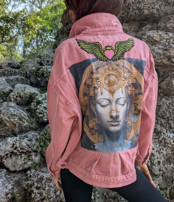The Buddha on Ovesized Denim Jacket - Mauve - Image 3