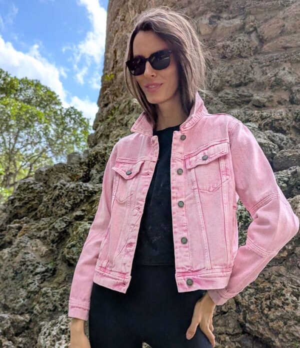 Butterfly Art on Pink Denim Jacket - Image 2