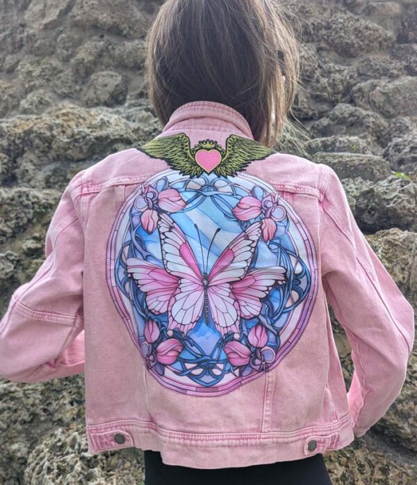 Butterfly Art on Pink Denim Jacket