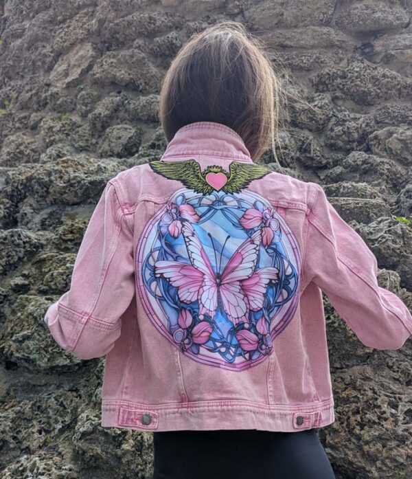 Butterfly Art on Pink Denim Jacket - Image 4