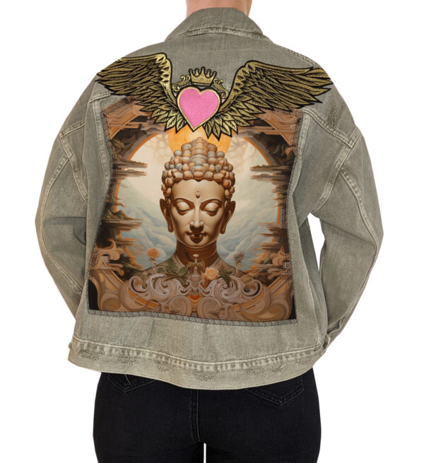 Love Angel Oversized Denim Jacket with Buddha Artwork