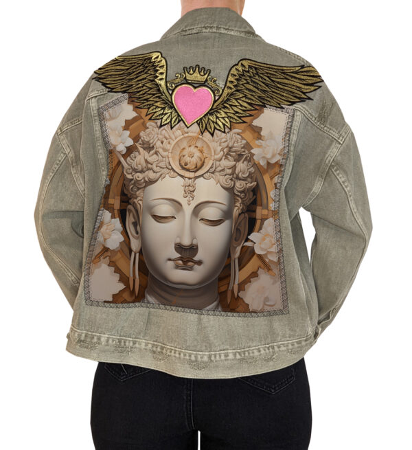 Love Angel Oversized Denim Jacket with Budha Art Design