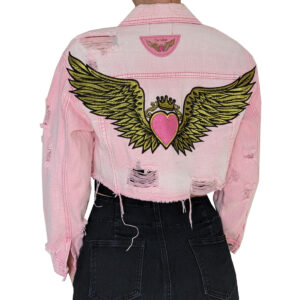 Pink Denim Crop Jacket with Angel Wings Embroidery