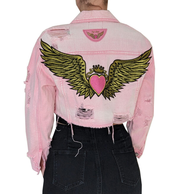 Pink Denim Crop Jacket with Angel Wings Embroidery