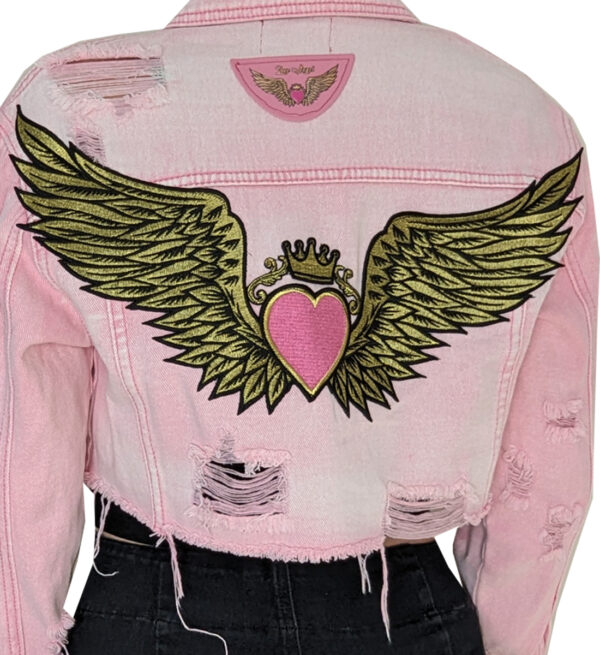 Pink Denim Crop Jacket with Angel Wings Embroidery - Image 2