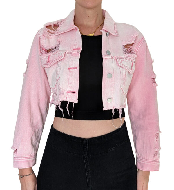 Pink Denim Crop Jacket with Angel Wings Embroidery - Image 3