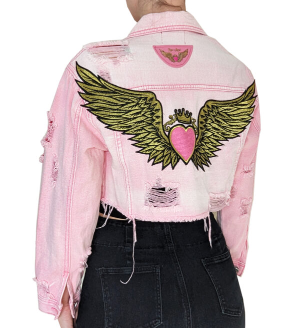 Pink Denim Crop Jacket with Angel Wings Embroidery - Image 4