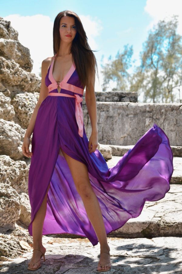 100% Silk Maxi Dress in Halter Style with Adjustable Straps - Solid Purple - Image 2