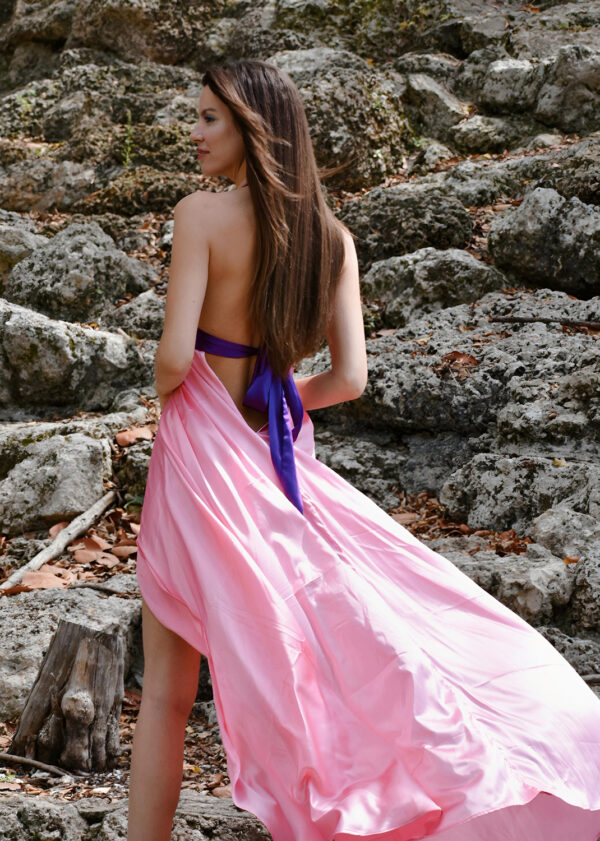 100% Silk Maxi Dress in Halter Style with Adjustable Straps - Solid Pink - Image 2
