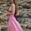 100% Silk Maxi Dress in Halter Style with Adjustable Straps - Solid Pink - Image 3