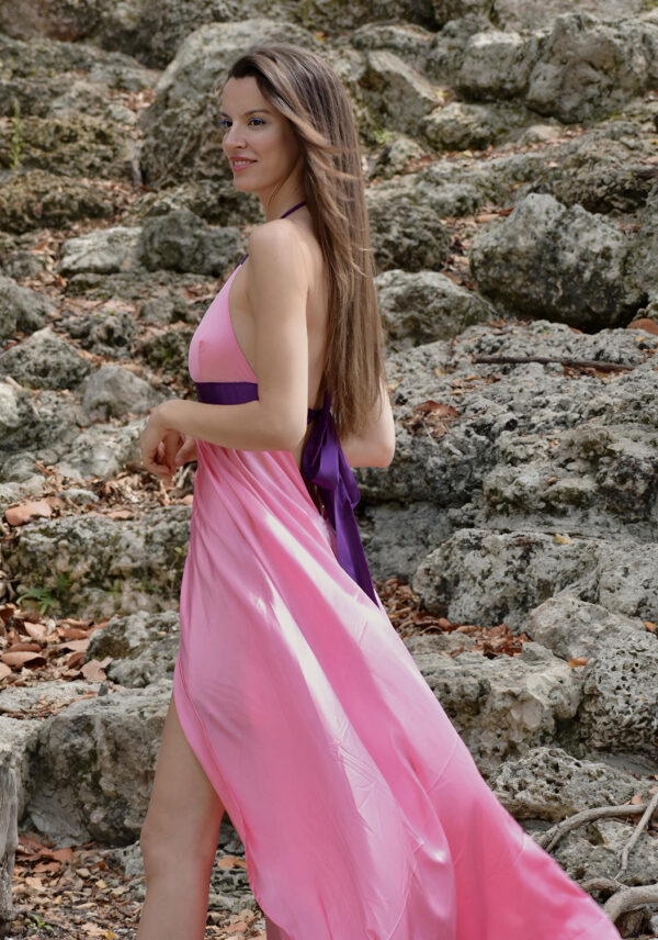 100% Silk Maxi Dress in Halter Style with Adjustable Straps - Solid Pink - Image 3