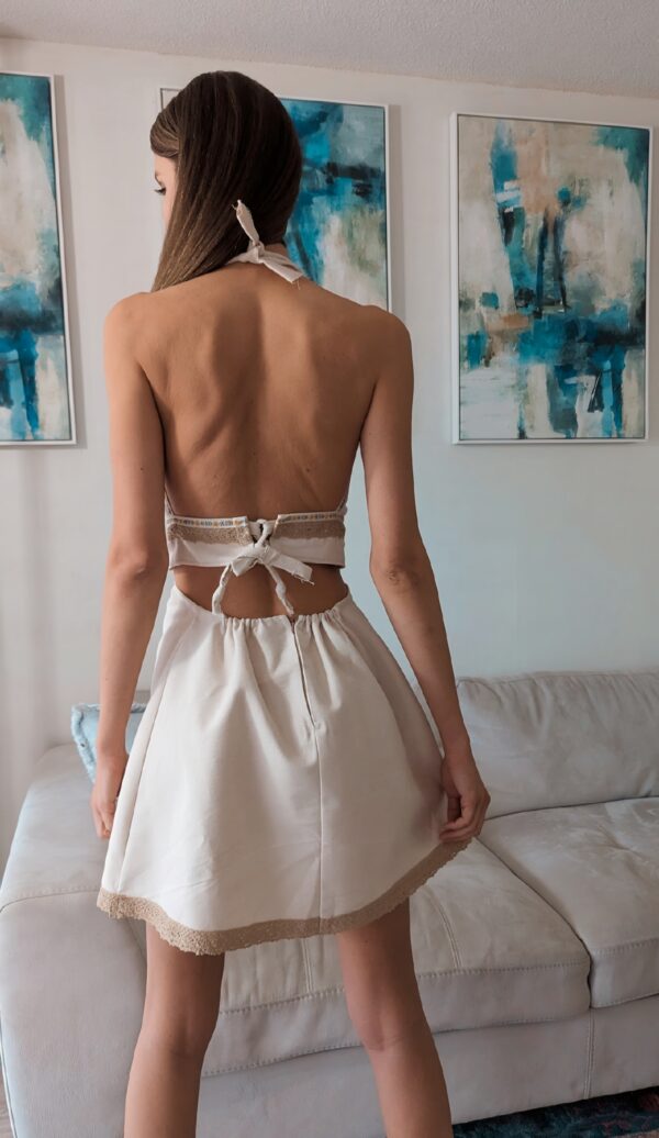Beige Denim Mini Dress with Flower Embroidery - Image 2