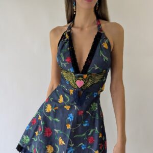Denim Mini Dress Embroidery Flower