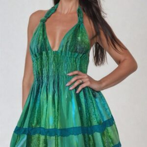 Ruched Cotton Dress with elastic waist and Halter Neck style on Hand painted Green Cotton