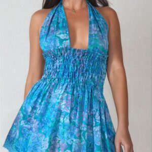 Organic Cotton Mini Dress with ruched elastic waist and Blue Print Dress Batik Cotton Dress