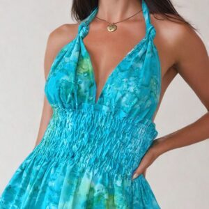 Ruched Cotton Dress with elastic waist and Halter Neck style on Hand painted Batik Cotton