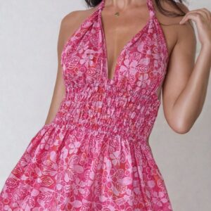 Elastic Waist Summer Dress with Halter Neck Red Flowers