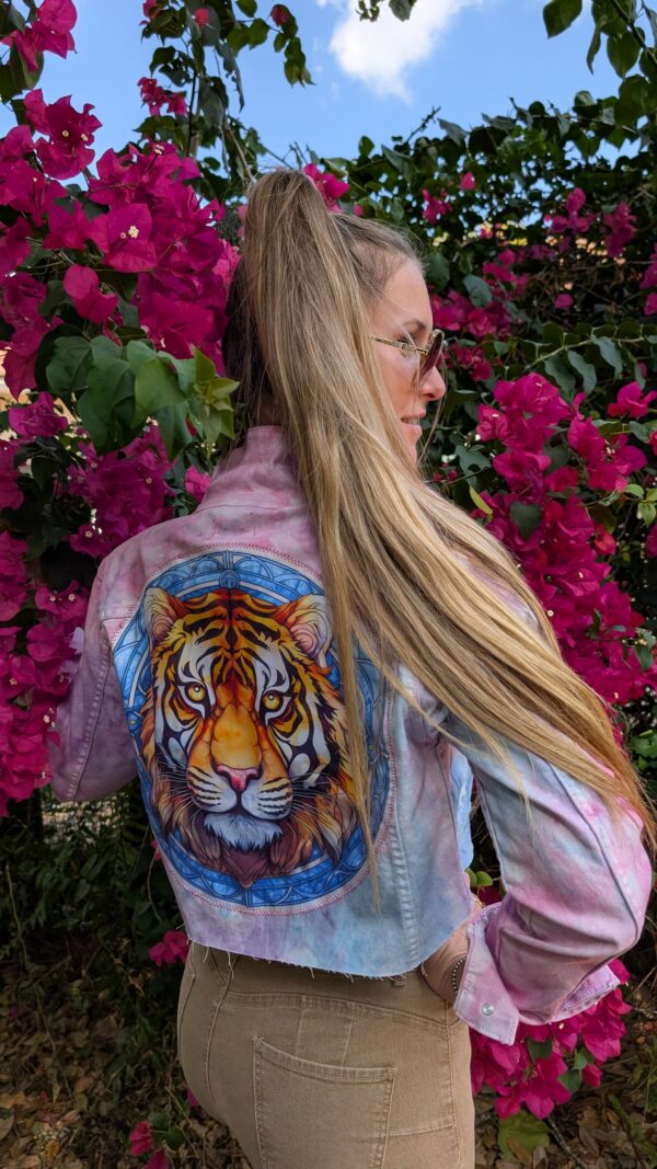 Tie Dye Crop Denim Jacket - Tiger Art - Image 2