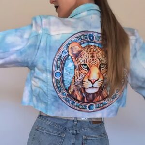 Tie Dye Crop Denim Jacket - Leopard Art