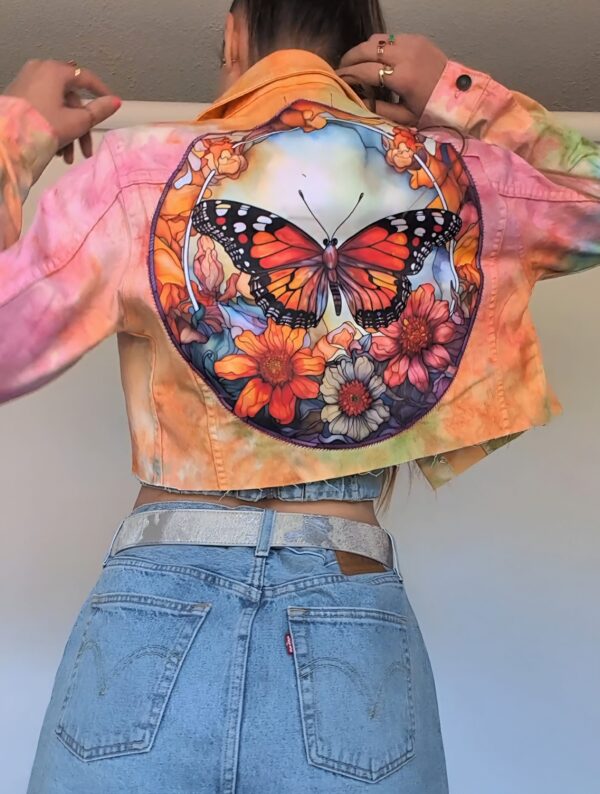 Tie Dye Crop Denim Jacket - Butterfly Art