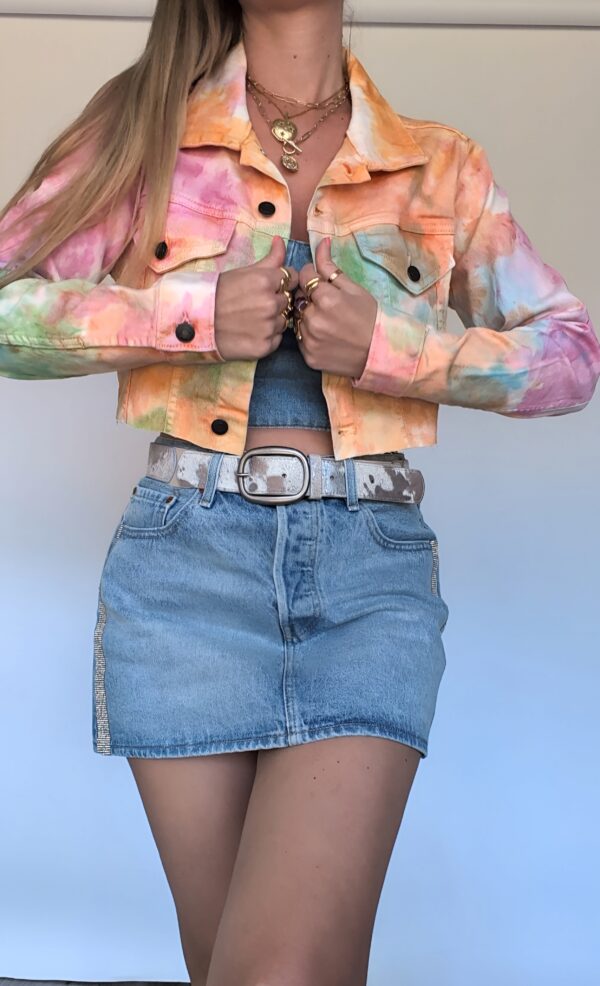 Tie Dye Crop Denim Jacket - Butterfly Art - Image 3