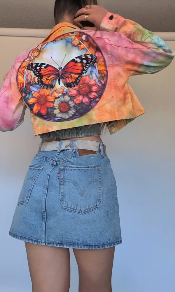 Tie Dye Crop Denim Jacket - Butterfly Art - Image 2